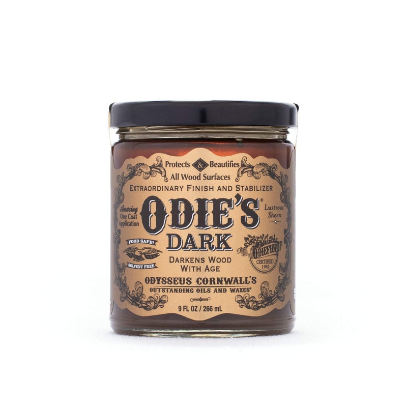 ODIE'S Dark â€¢Finish and Stabilizer for Wood â€¢Darkens with Age â€¢9 Ounce Glass Jar â€¢Food Safe and Solvent Free Non Toxic Finish with Amazing One Coat Application and Leaves a Lustrous Sheen